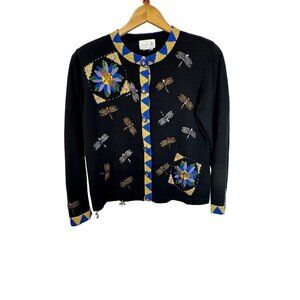 Vintage Just B cardigan beaded artsy dragonflies bold fun whimsy medium workwear